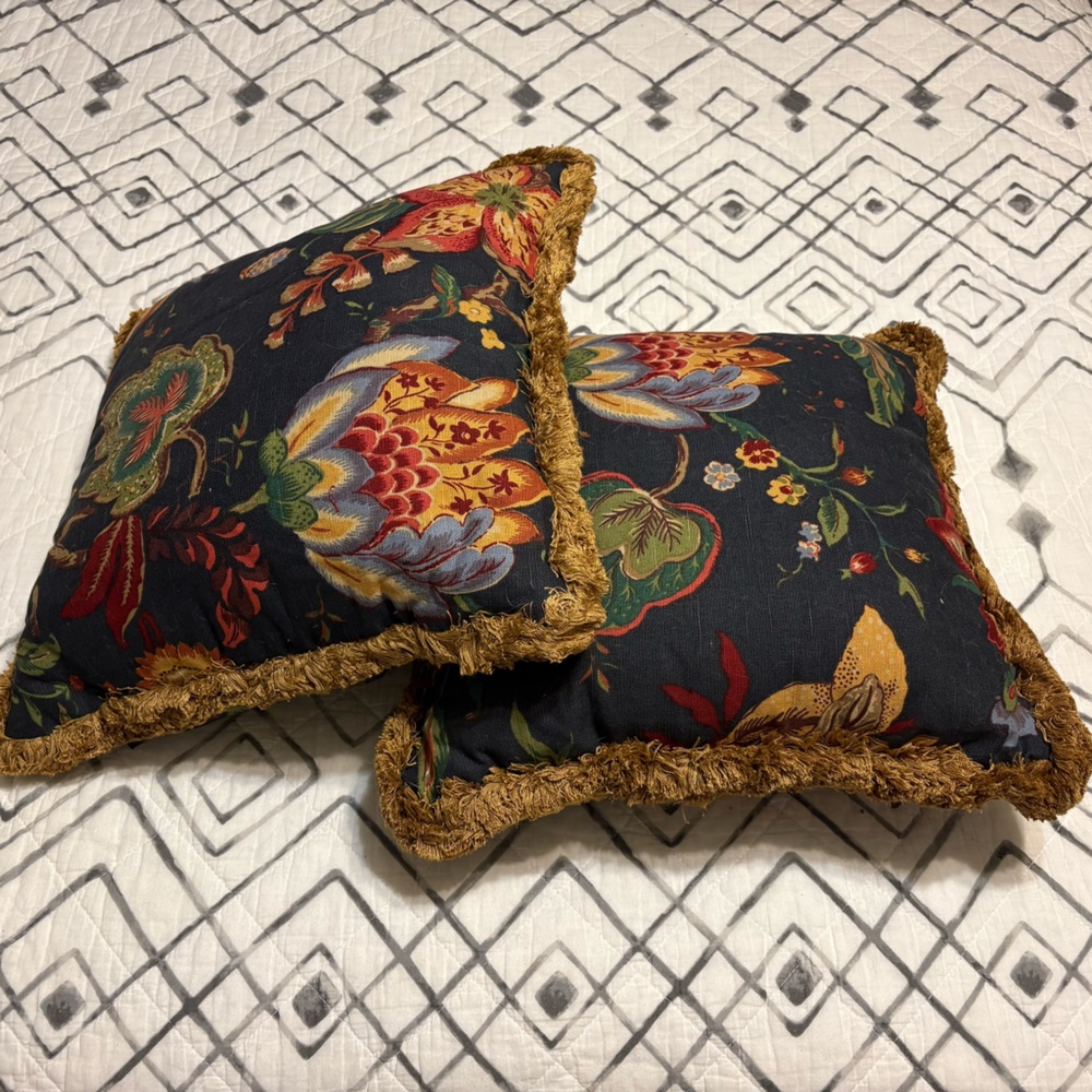 Navy Blue Floral Pattern Throw Pillows Gold Fringe Trim - Picture 2 of 2